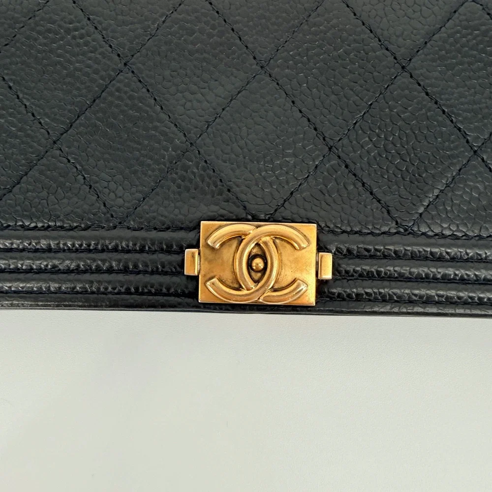 Chanel Boy Flap Wallet Black Quilted Caviar Gold Hardware Luxury Wallet on Chain
